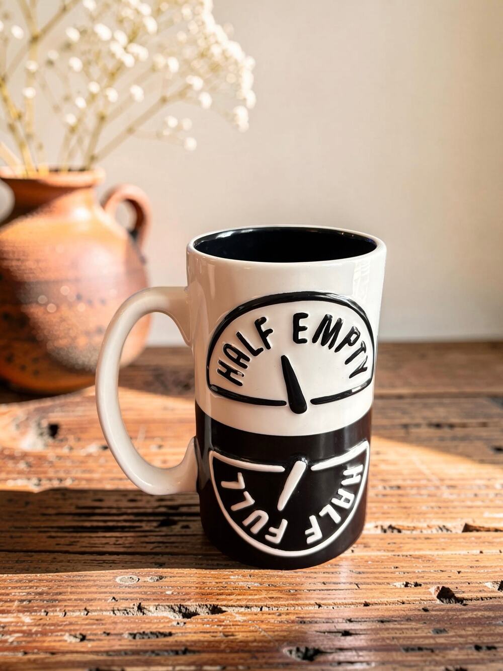 Half Empty Half Full Coffee Mug | Double Sided Novelty Ceramic Mug Fun Gift